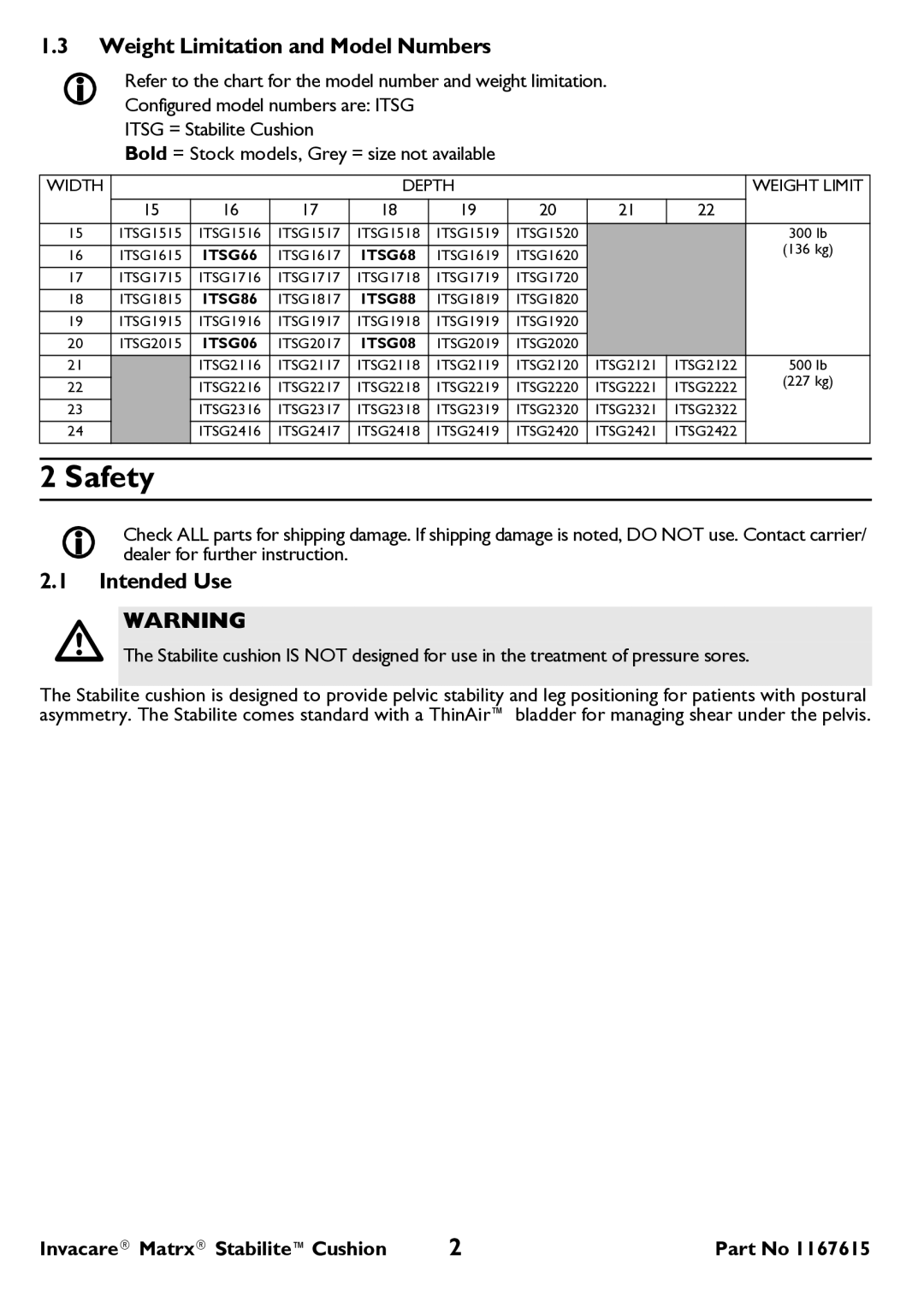 Invacare ITSG user manual Safety, Weight Limitation and Model Numbers, Intended Use 