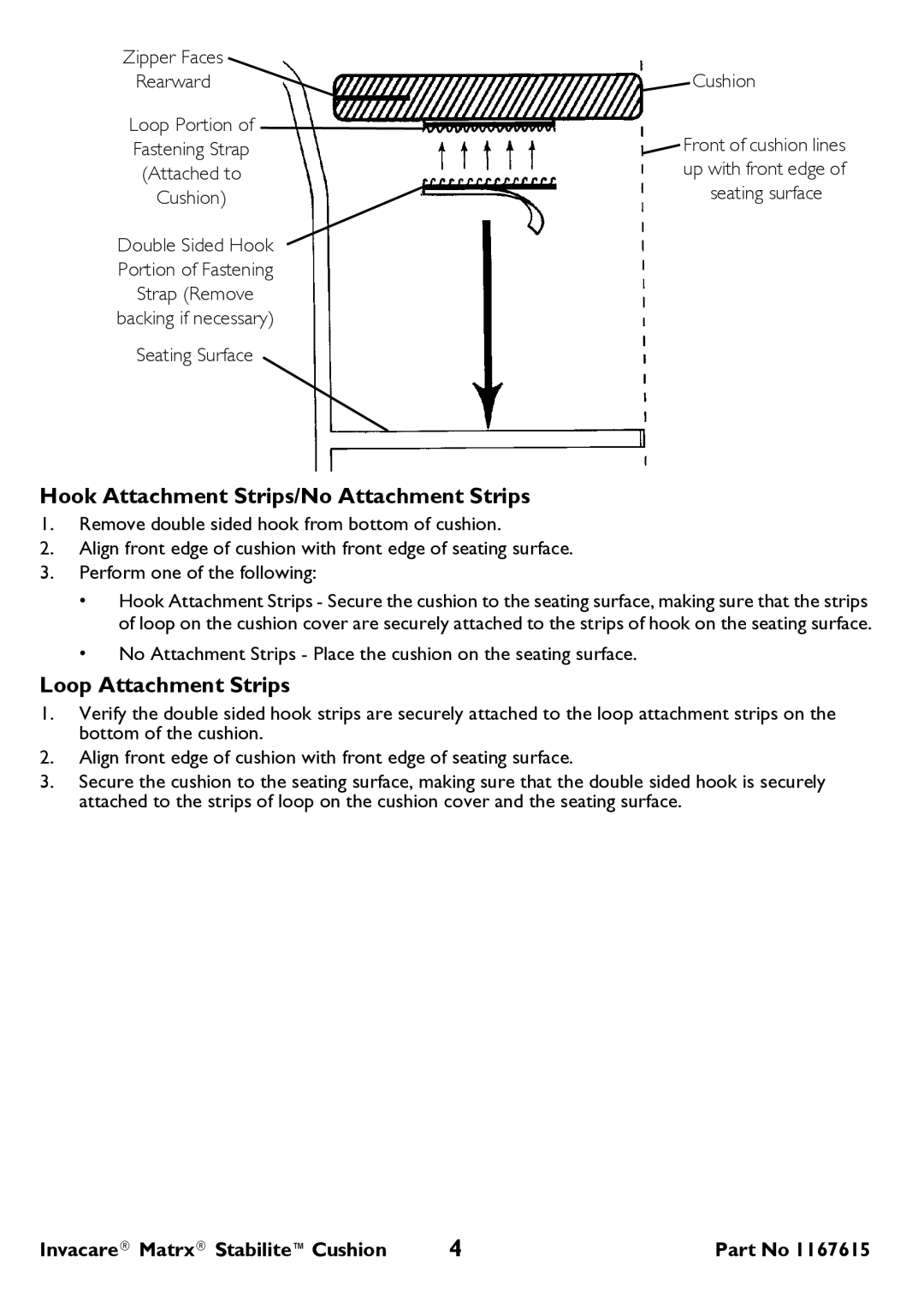 Invacare ITSG user manual Hook Attachment Strips/No Attachment Strips, Loop Attachment Strips 