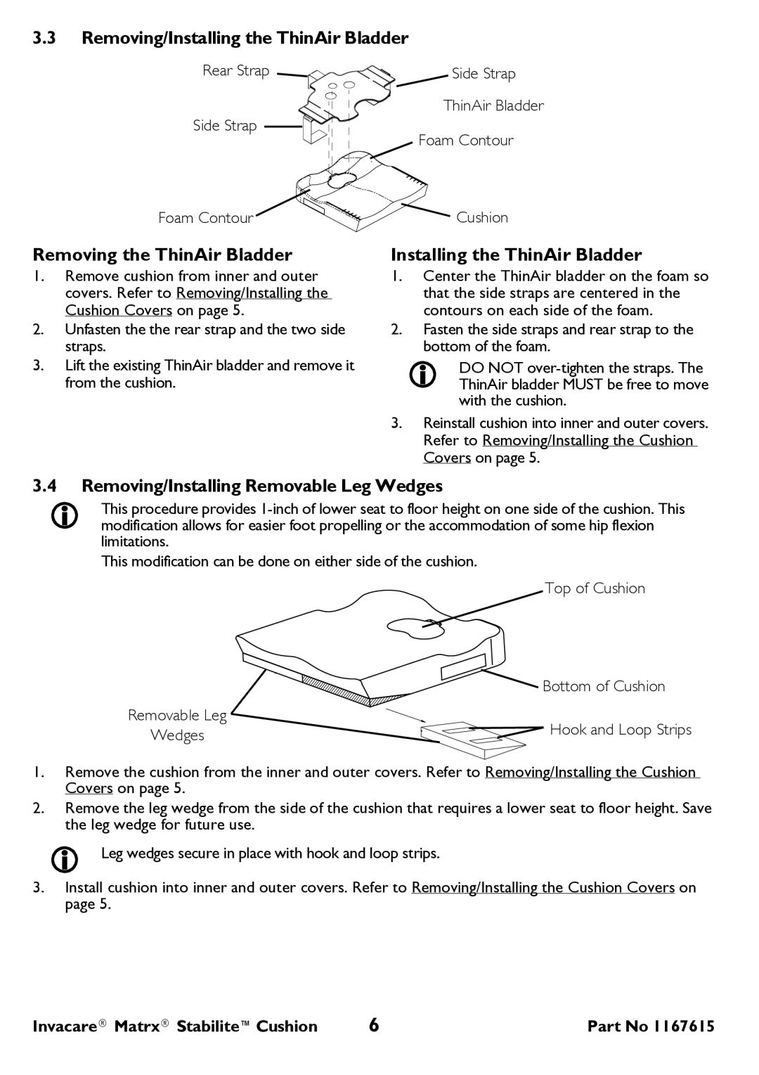 Invacare ITSG user manual Removing/Installing the ThinAir Bladder, Removing the ThinAir Bladder 