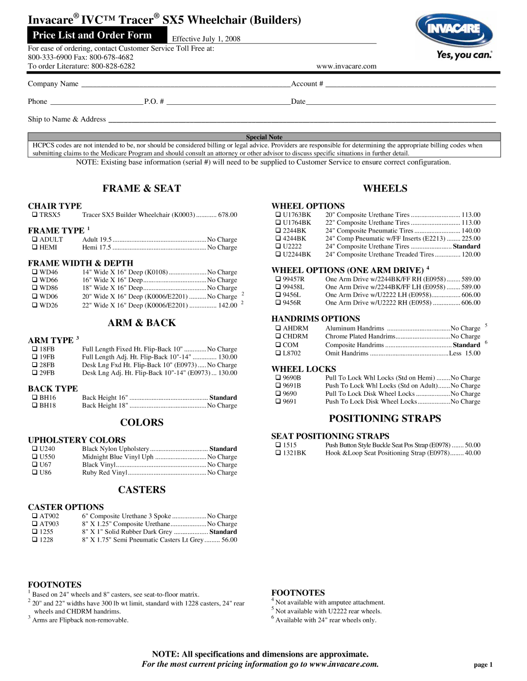 Invacare IVC Tracer SX5 specifications Frame & Seat Wheels, ARM & Back, Colors Positioning Straps, Casters 