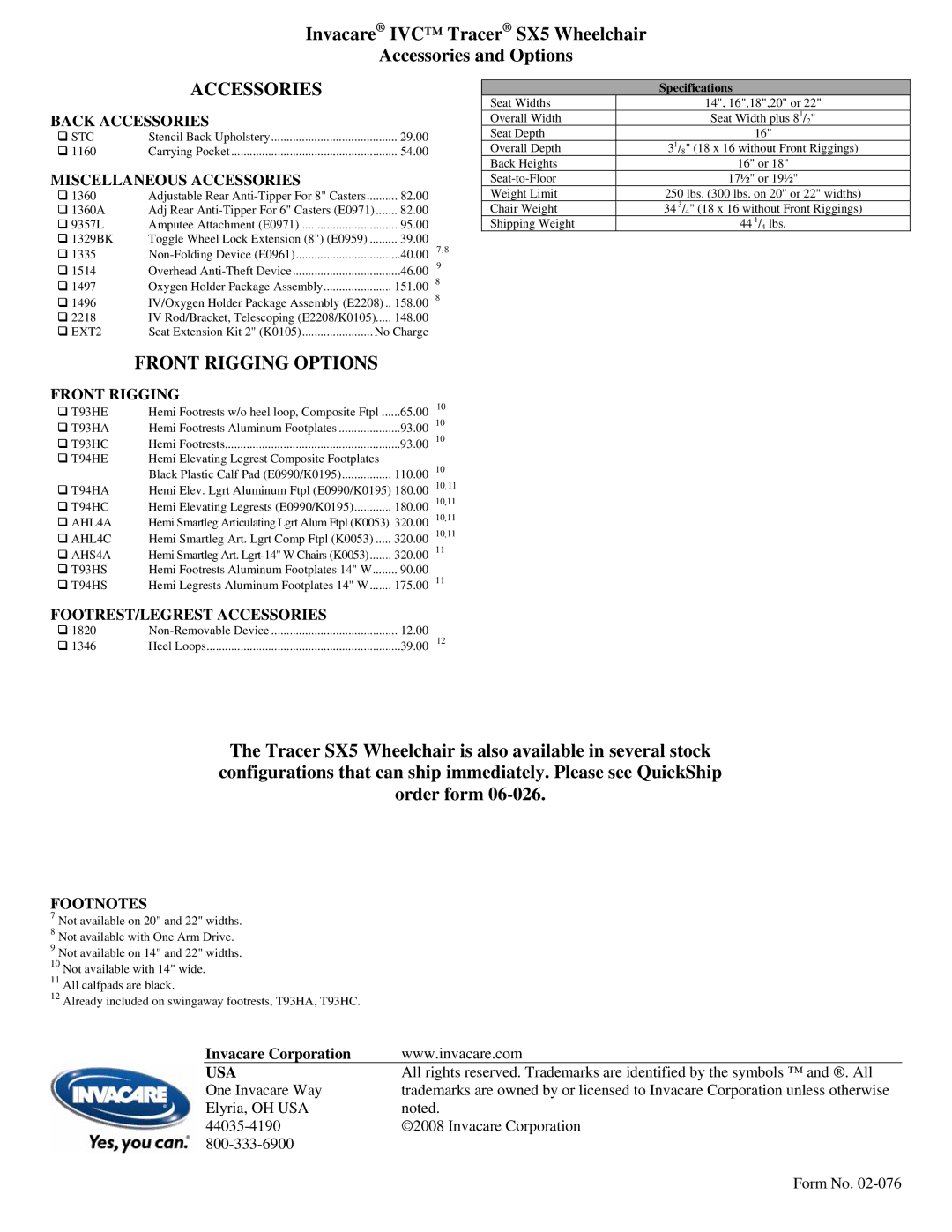 Invacare IVC Tracer SX5 specifications Accessories, Front Rigging Options 