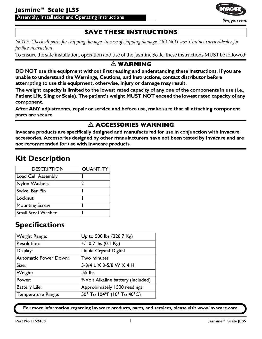 Invacare specifications Kit Description, Specifications, Jasmine Scale JLS5 