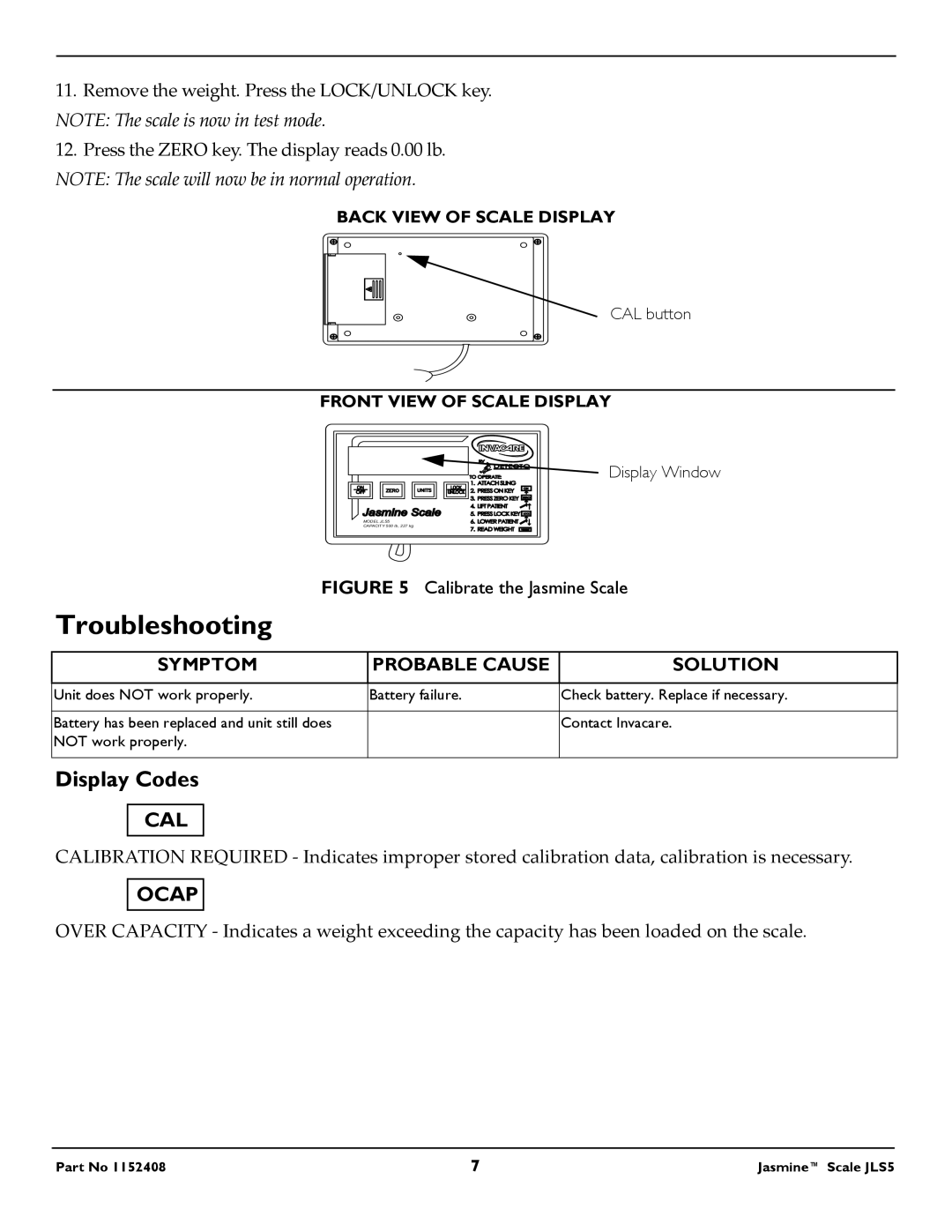 Invacare JLS5 specifications Troubleshooting, Display Codes, Symptom Probable Cause Solution 