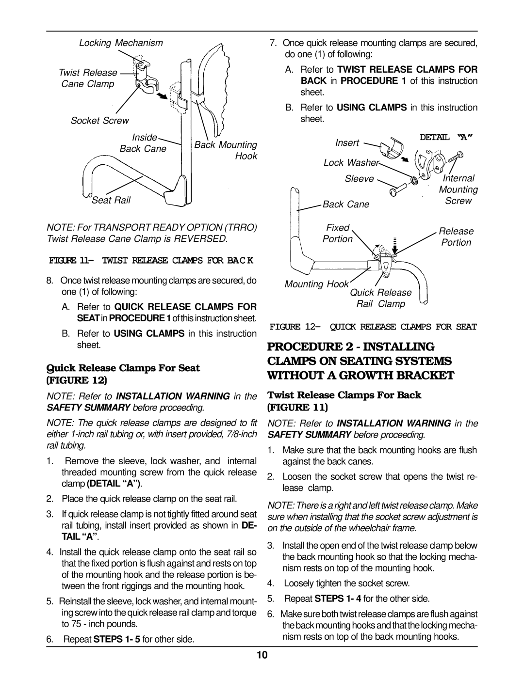 Invacare KSS operating instructions Quick Release Clamps For Seat Figure, Twist Release Clamps For Back Figure 