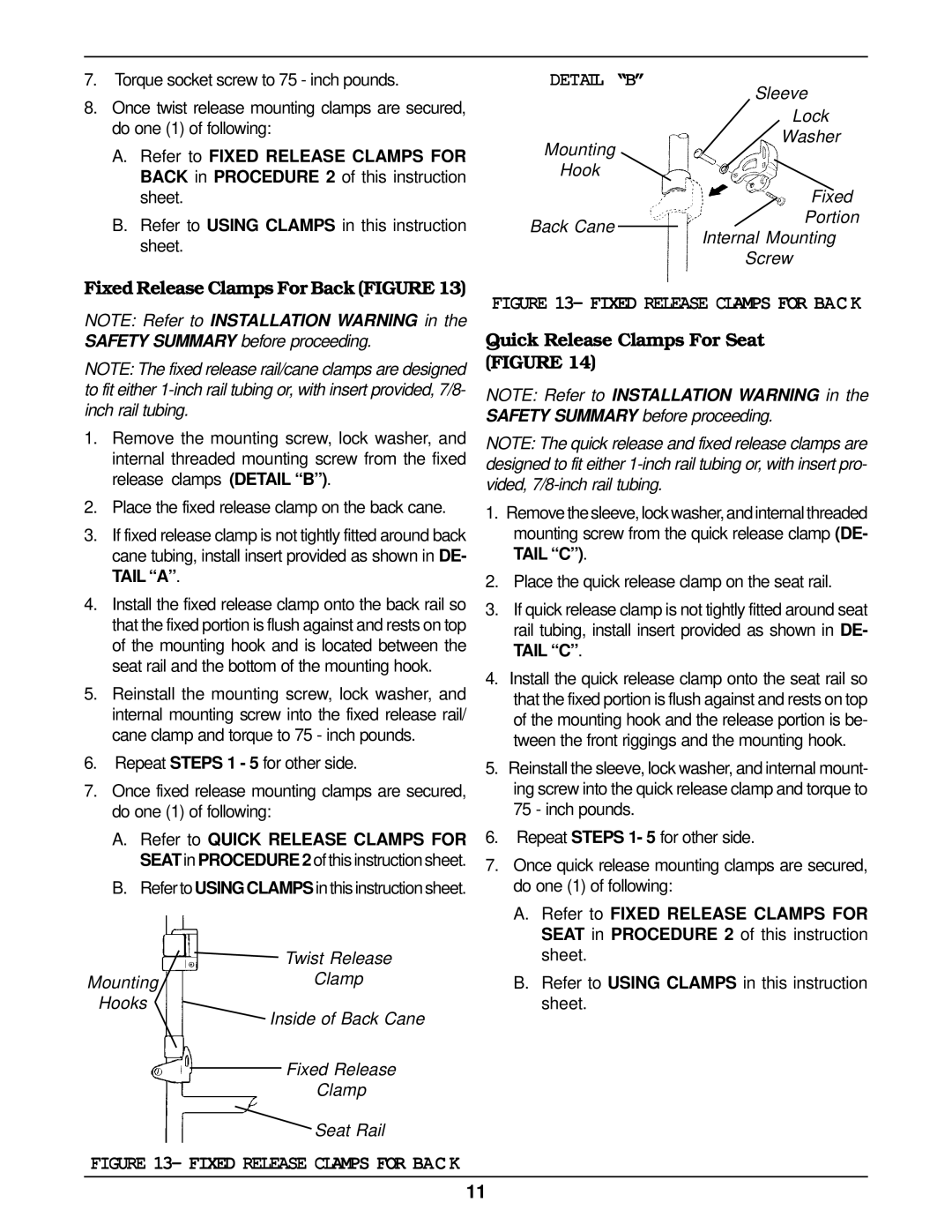 Invacare KSS operating instructions Detail B, Fixed Release Clamps For Back Figure 