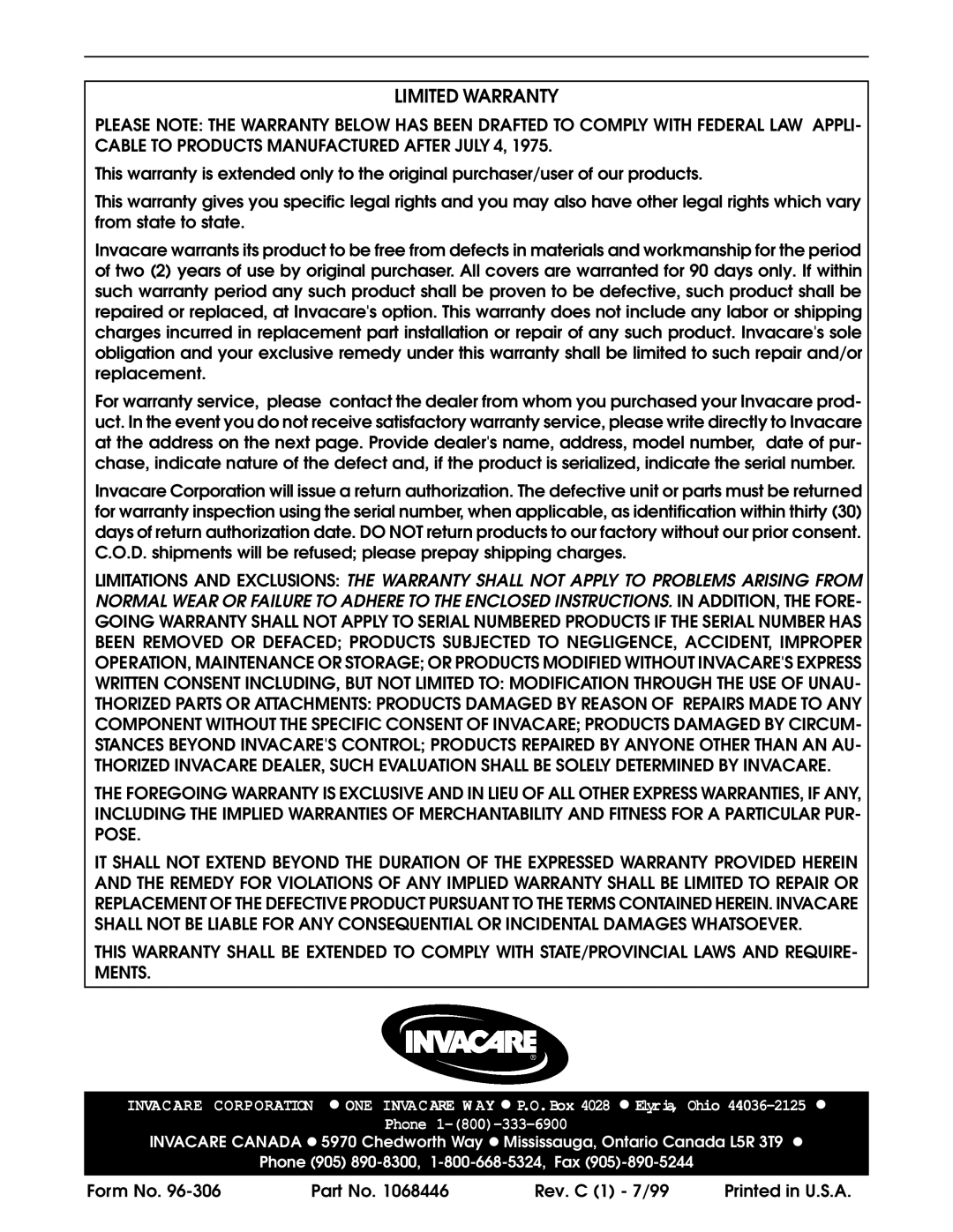 Invacare KSS operating instructions Limited Warranty 