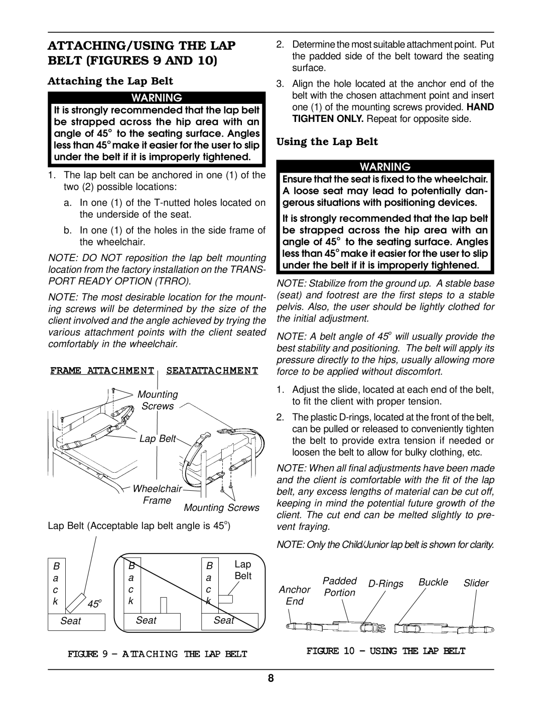 Invacare KSS ATTACHING/USING the LAP Belt Figures 9, Attaching the Lap Belt, Frame Attachment Seatattachment 