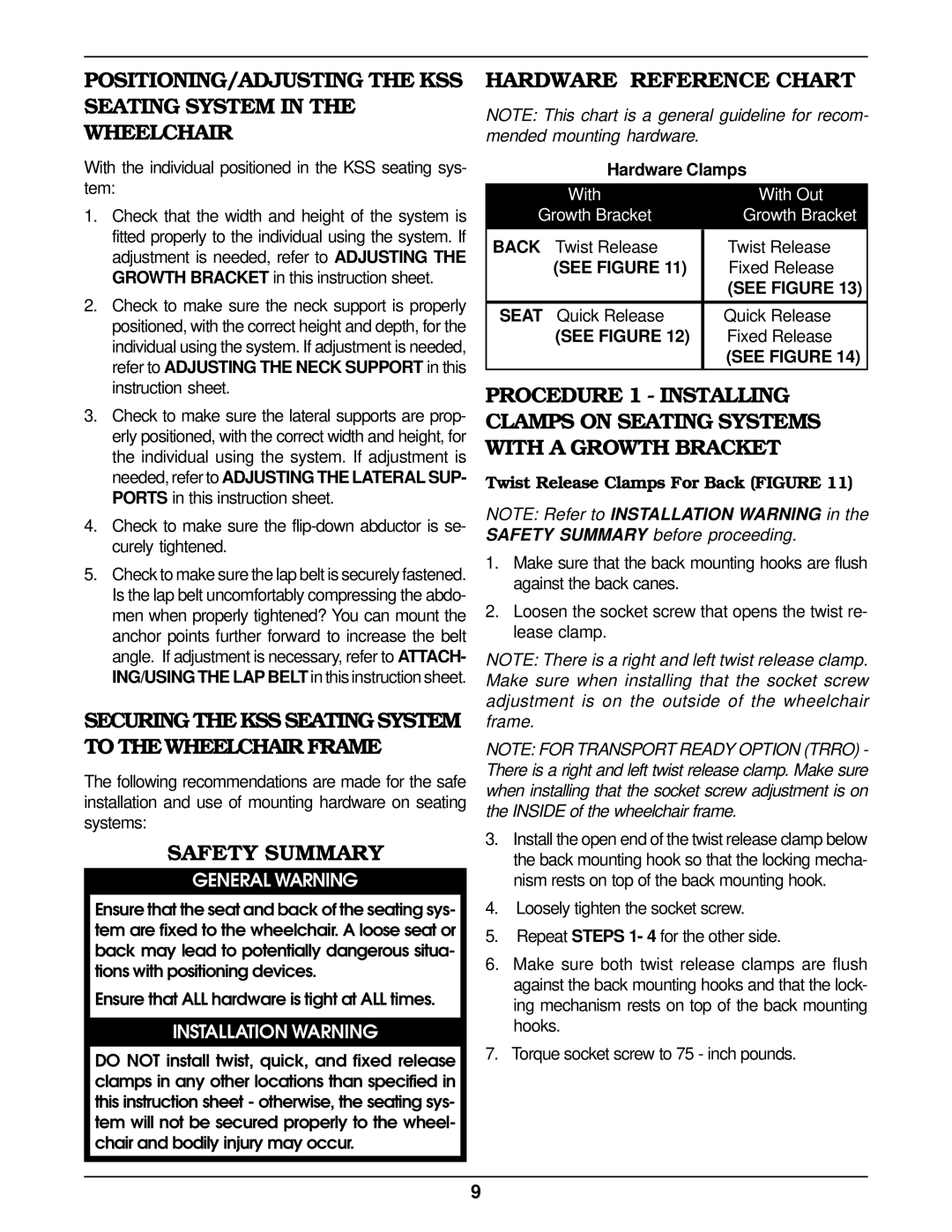 Invacare operating instructions Hardware Reference Chart, With the individual positioned in the KSS seating sys- tem 