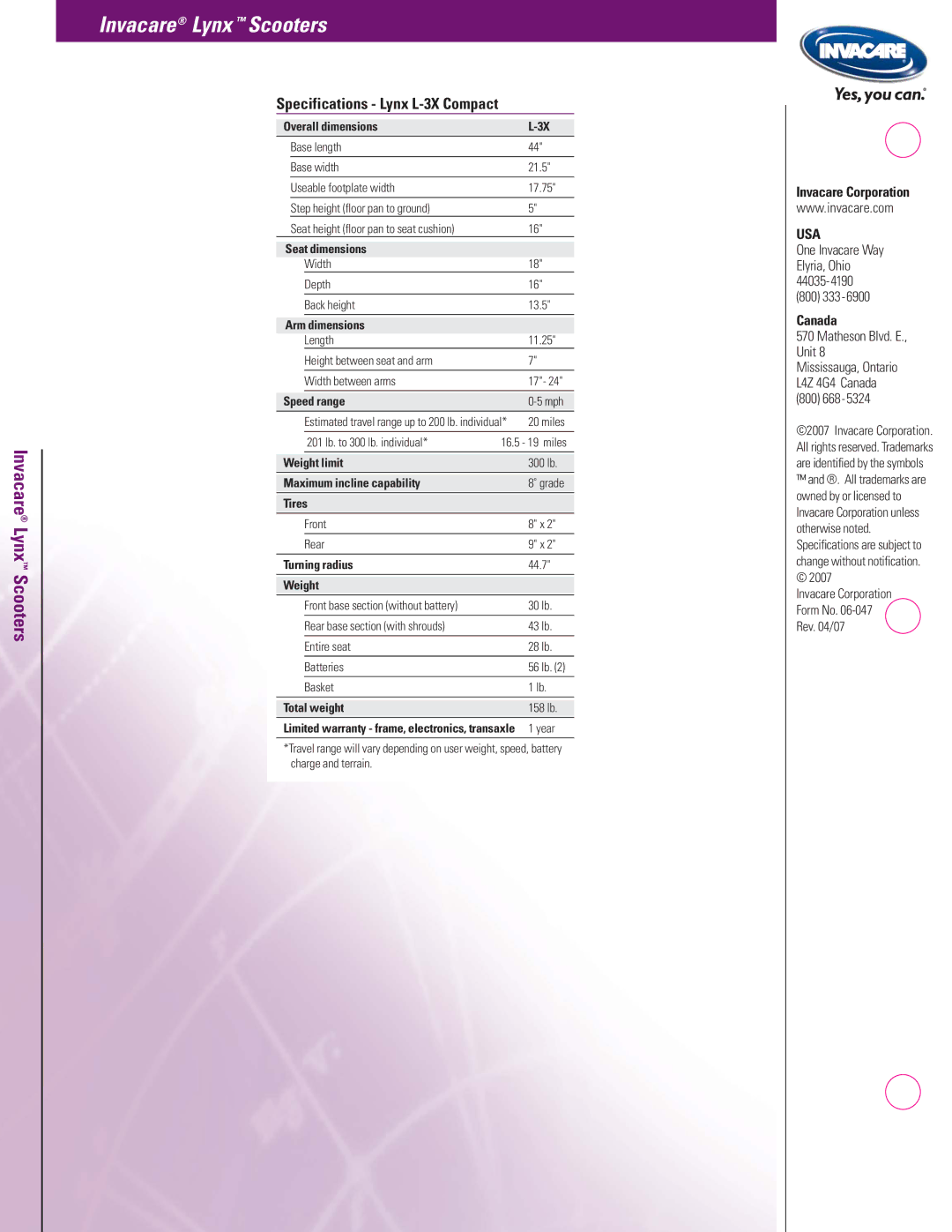 Invacare manual Specifications Lynx L-3X Compact, Invacare Corporation, Canada 