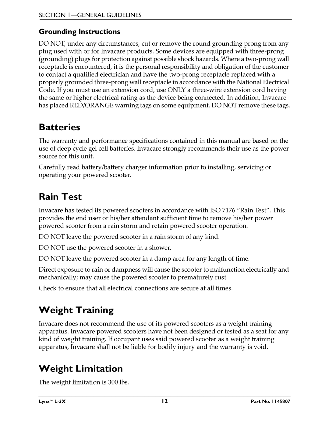 Invacare L-3X manual Batteries, Rain Test, Weight Training, Weight Limitation, Grounding Instructions 