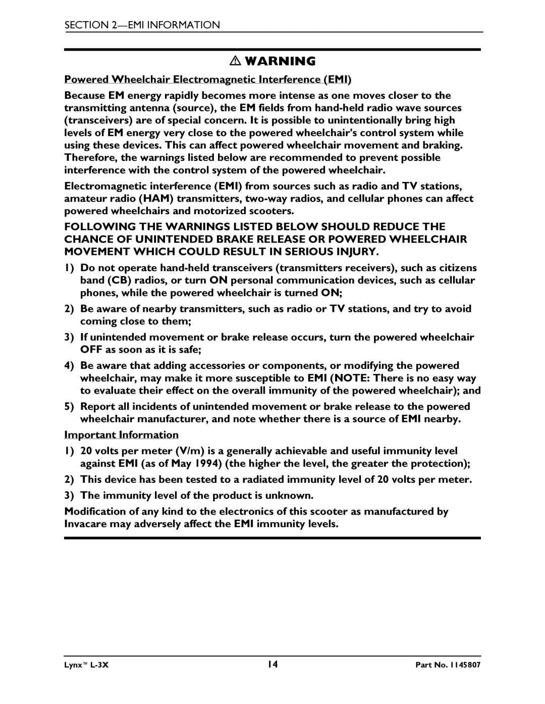 Invacare L-3X manual EMI Information 