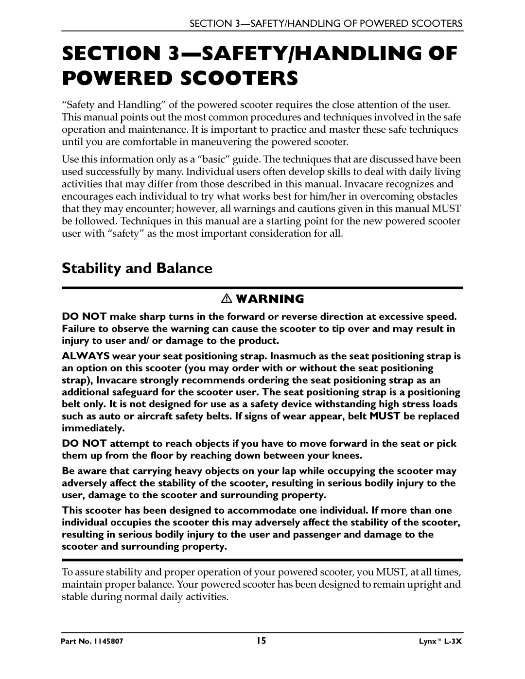 Invacare L-3X manual SAFETY/HANDLING of Powered Scooters, Stability and Balance 