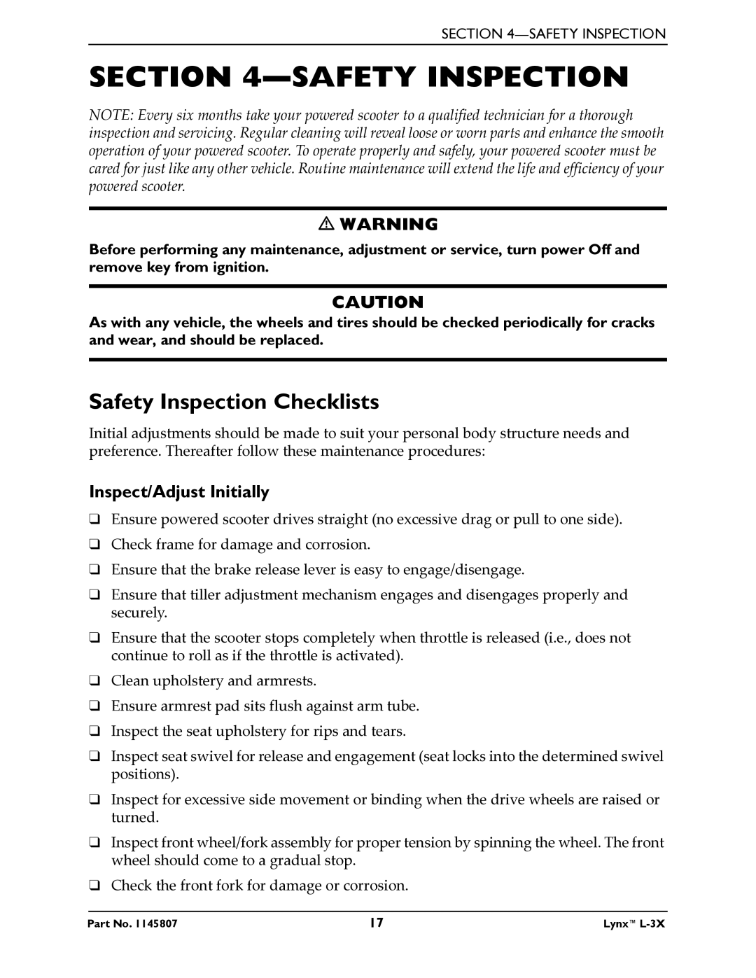 Invacare L-3X manual Safety Inspection Checklists, Inspect/Adjust Initially 