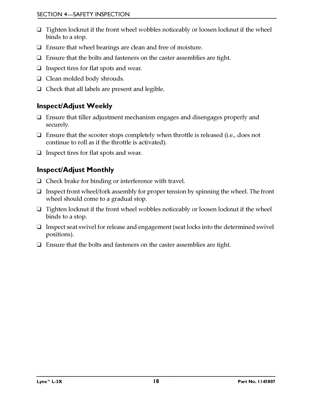 Invacare L-3X manual Inspect/Adjust Weekly, Inspect/Adjust Monthly 