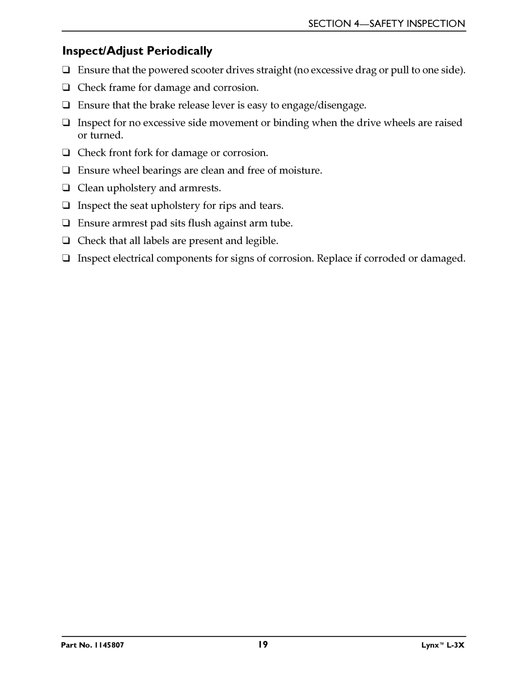 Invacare L-3X manual Inspect/Adjust Periodically 