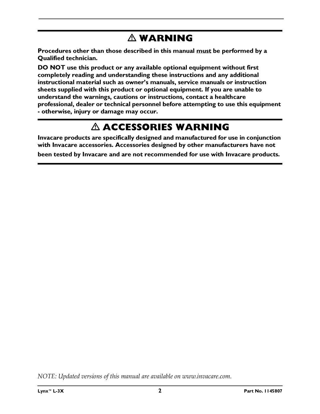 Invacare L-3X manual Accessories Warning 