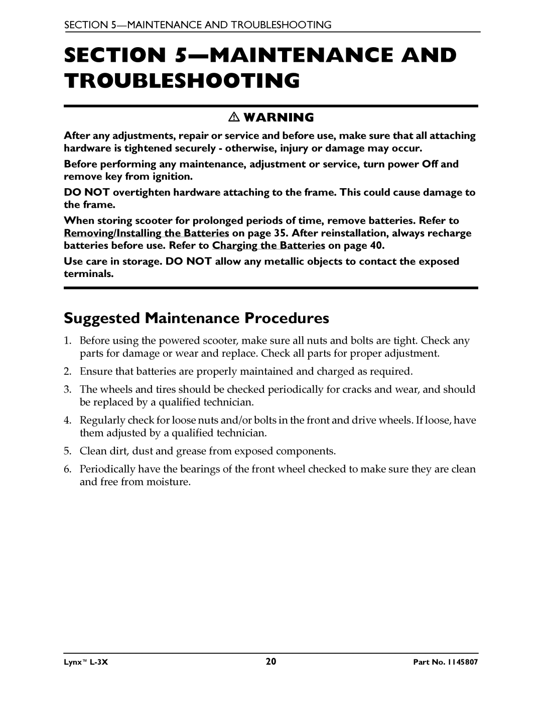 Invacare L-3X manual Maintenance and Troubleshooting, Suggested Maintenance Procedures 