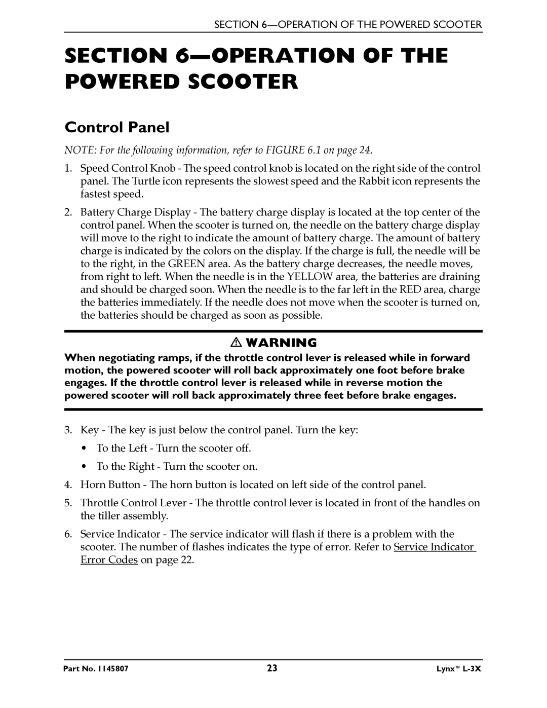 Invacare L-3X manual Operation of the Powered Scooter, Control Panel 