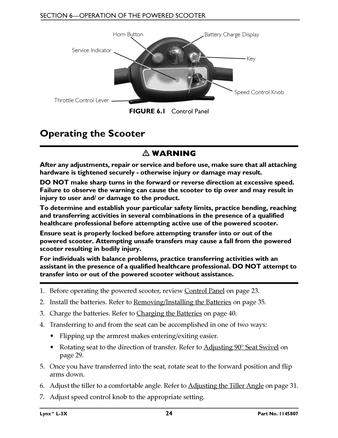 Invacare L-3X manual Operating the Scooter, Control Panel 