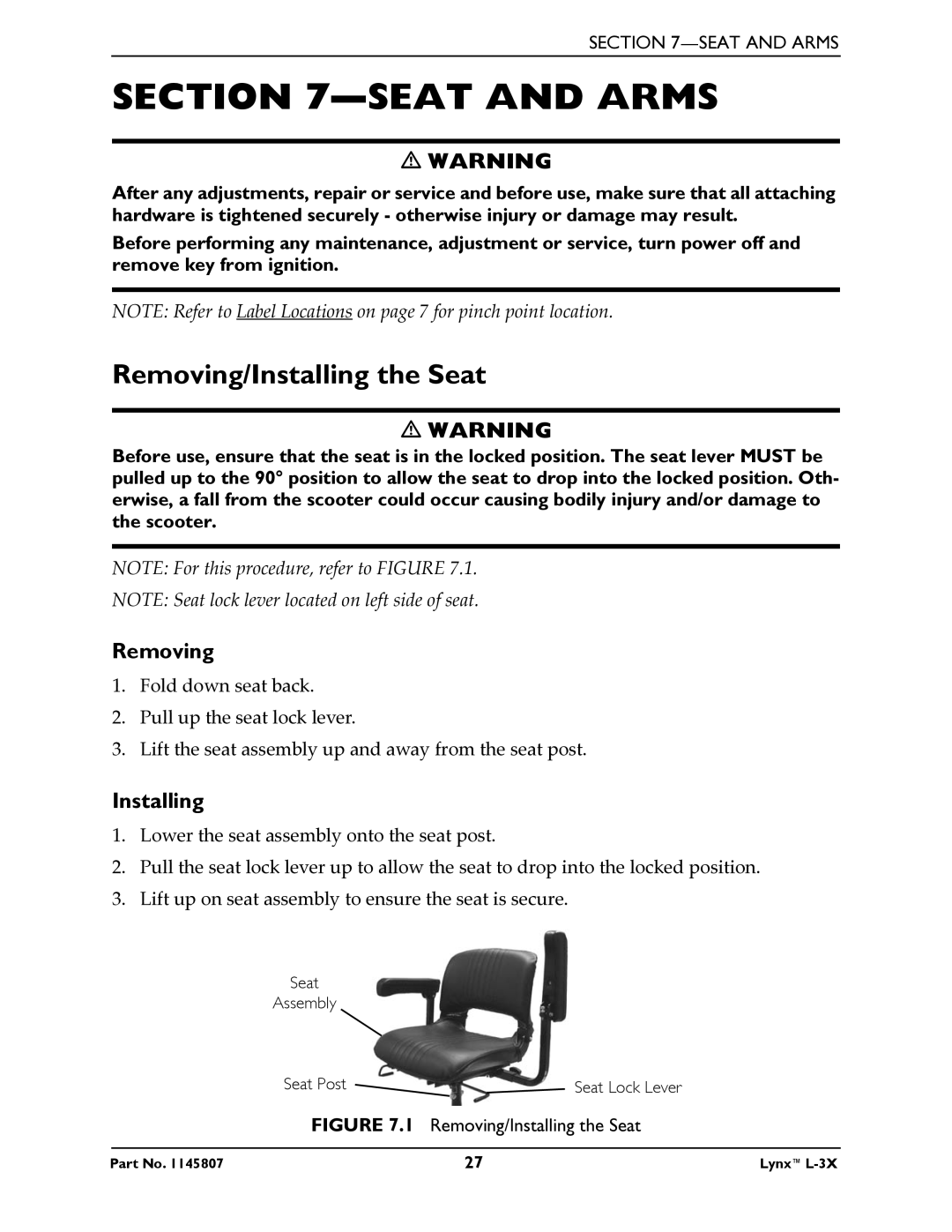 Invacare L-3X manual Seat and Arms, Removing/Installing the Seat 