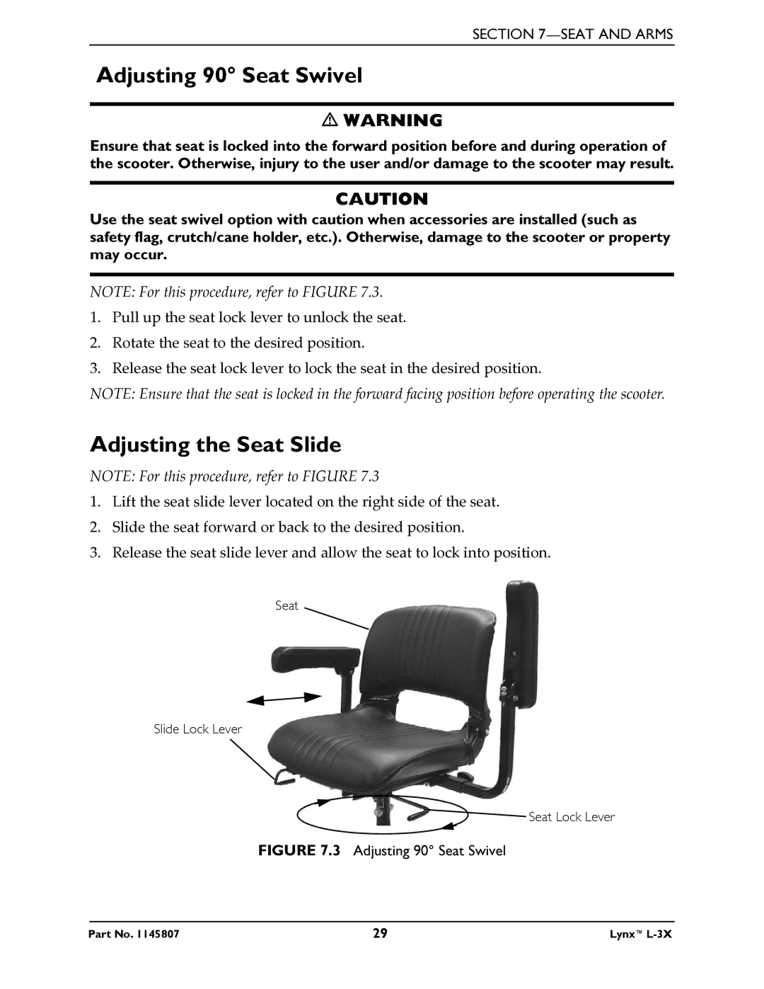 Invacare L-3X manual Adjusting 90 Seat Swivel, Adjusting the Seat Slide 