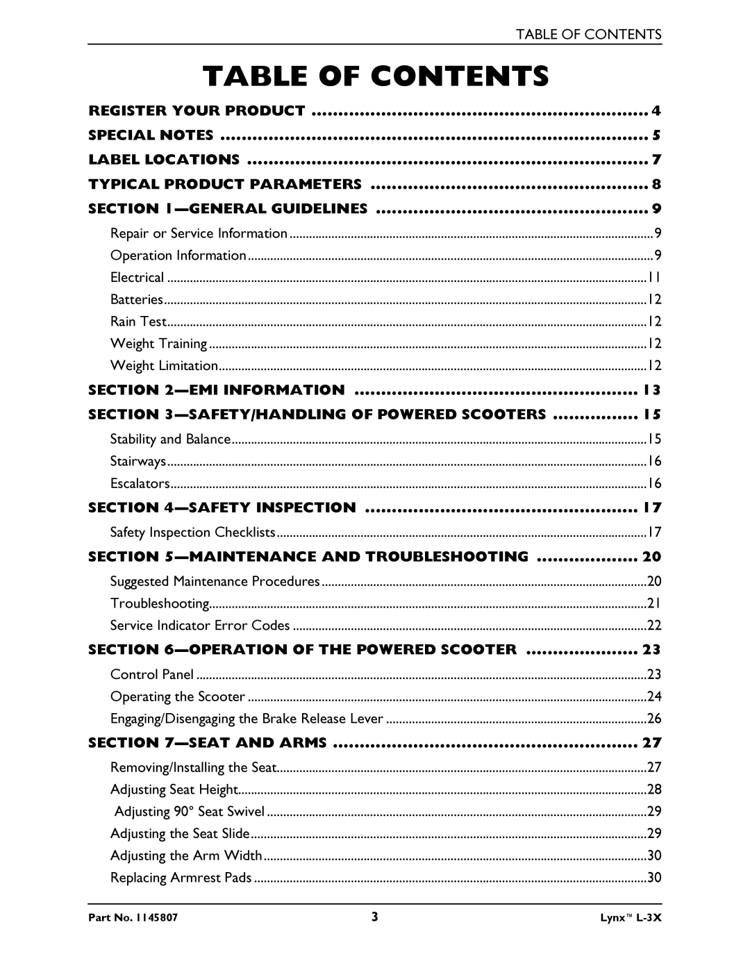 Invacare L-3X manual Table of Contents 