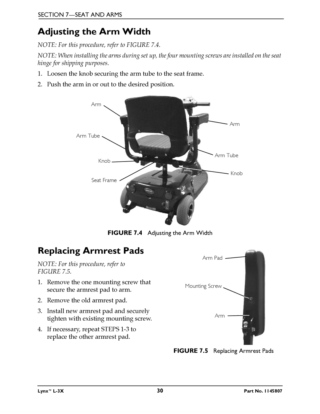 Invacare L-3X manual Adjusting the Arm Width, Replacing Armrest Pads 