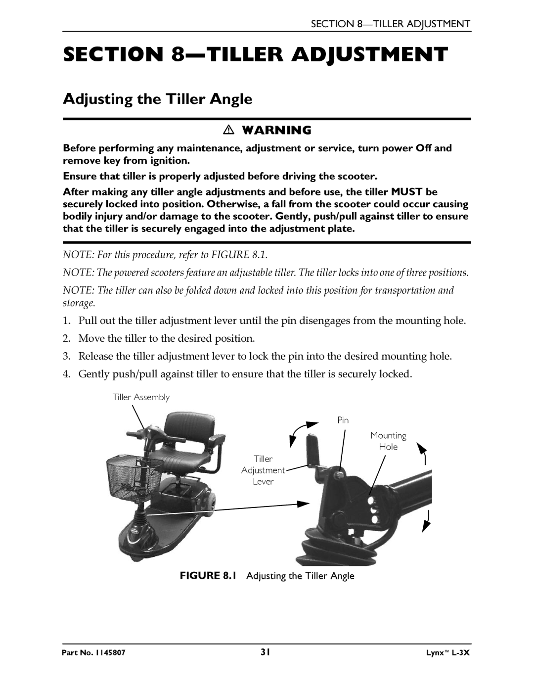 Invacare L-3X manual Tiller Adjustment, Adjusting the Tiller Angle 