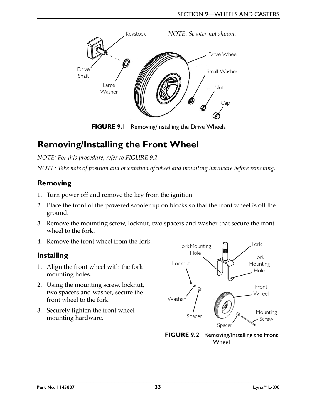 Invacare L-3X manual Removing/Installing the Front Wheel, Removing/Installing the Drive Wheels 