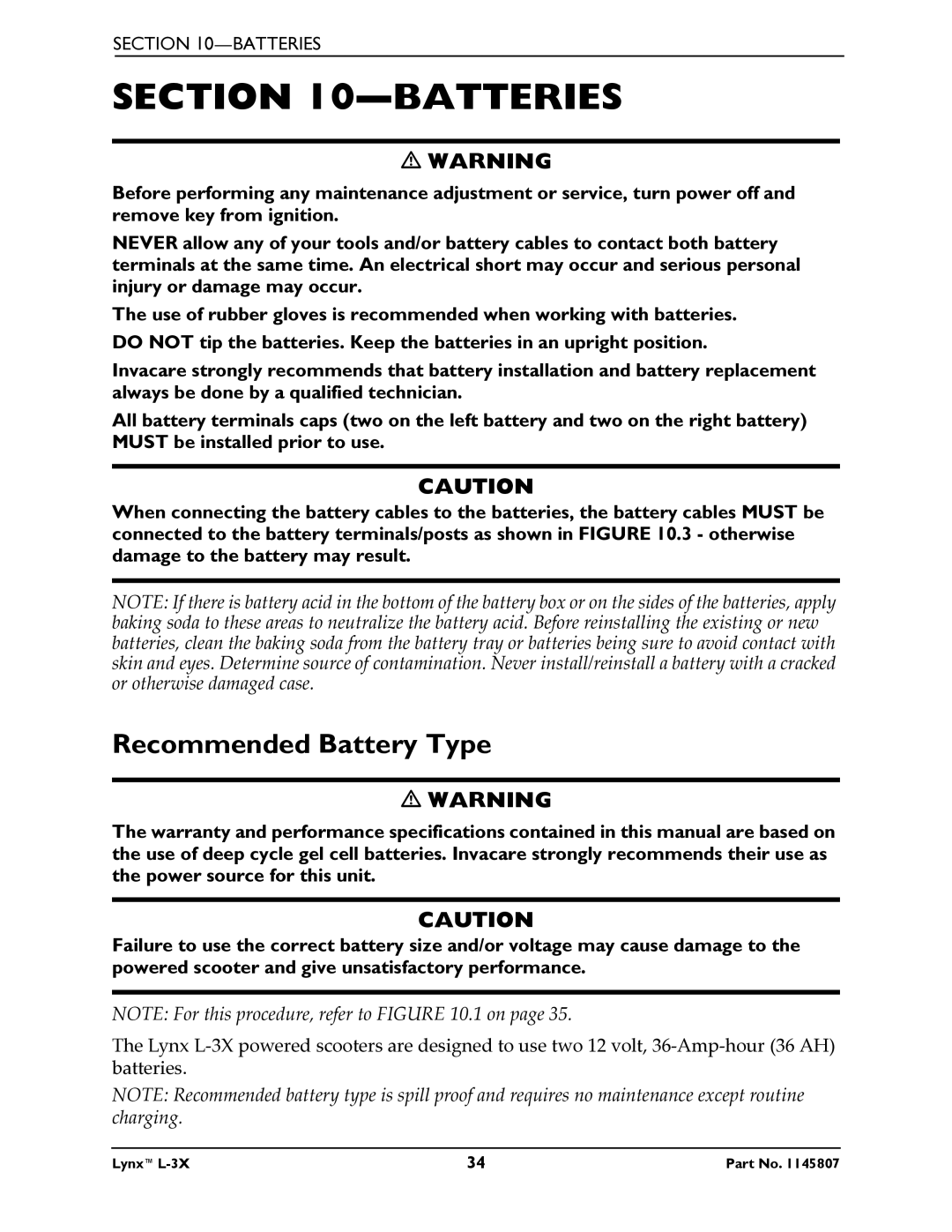 Invacare L-3X manual Batteries, Recommended Battery Type 