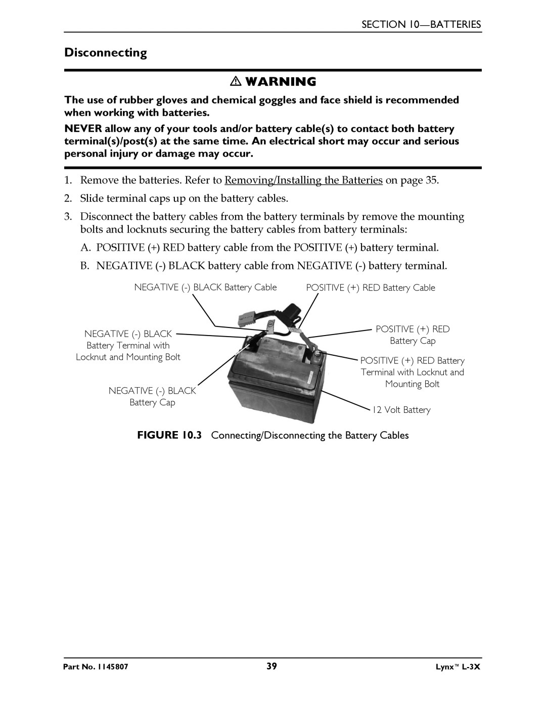 Invacare L-3X manual Disconnecting, Negative Black Battery Cable Positive + RED Battery Cable 