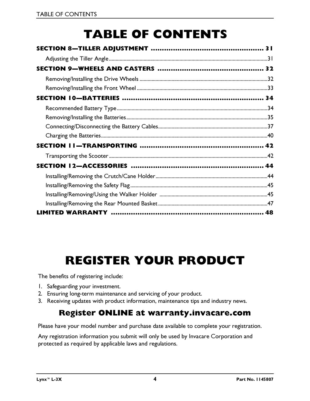 Invacare L-3X manual Register Your Product, Batteries 