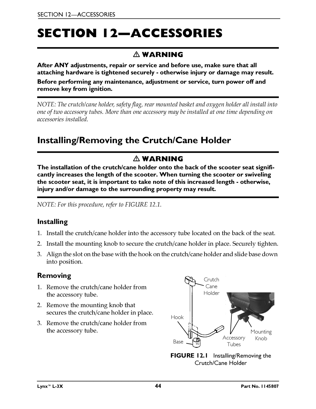 Invacare L-3X manual Accessories, Installing/Removing the Crutch/Cane Holder 