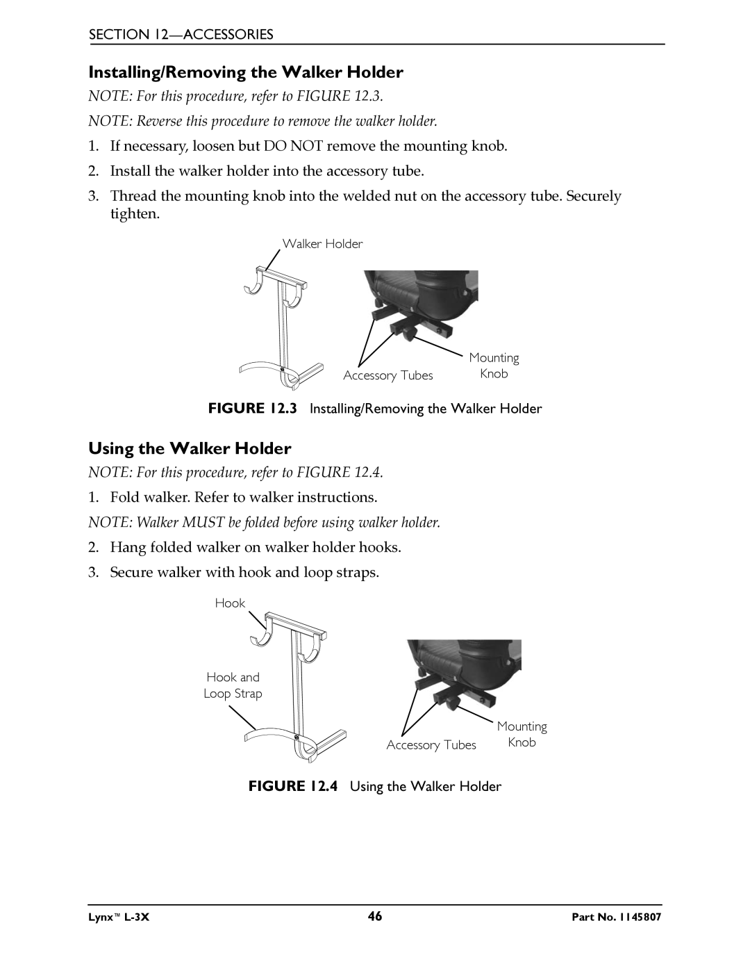 Invacare L-3X manual Installing/Removing the Walker Holder, Using the Walker Holder 