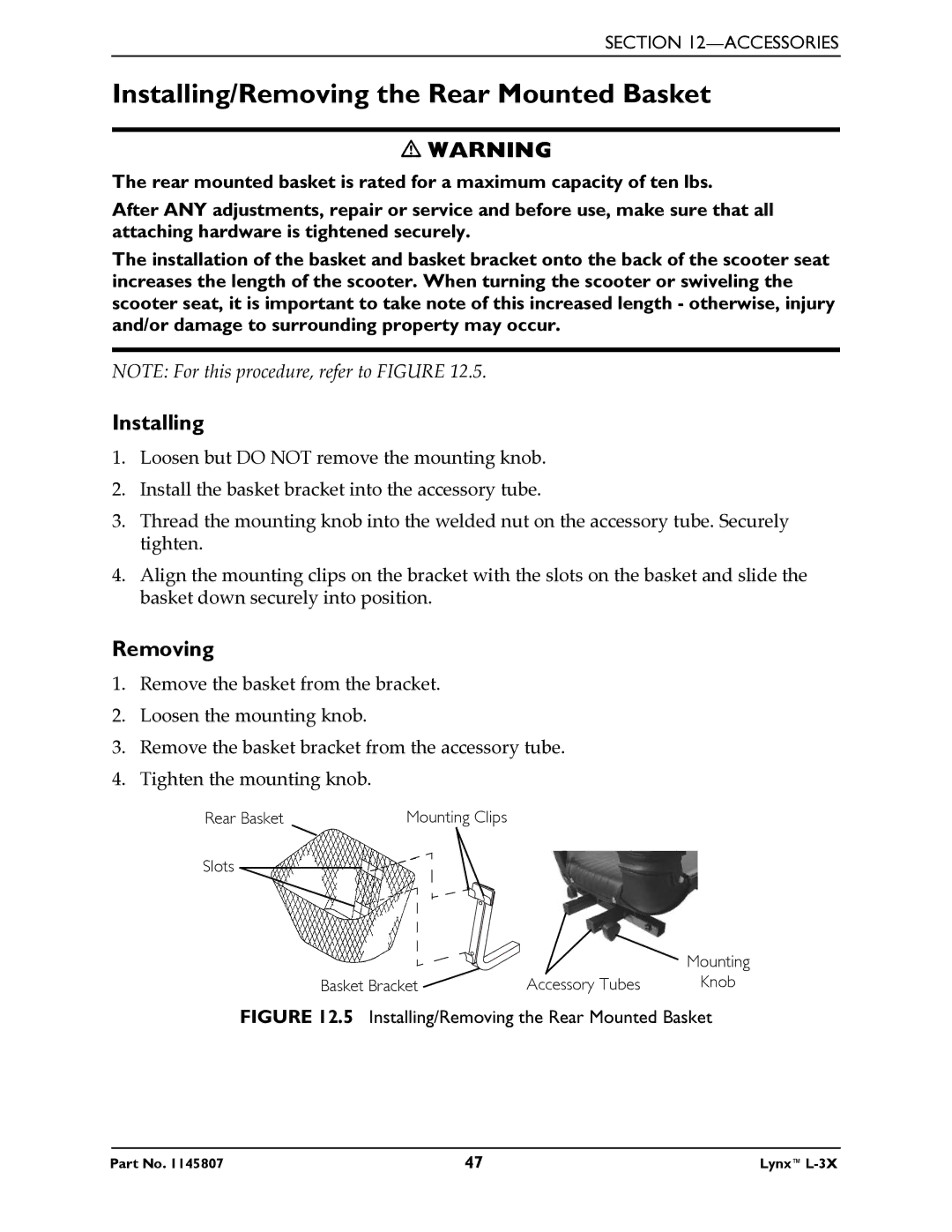 Invacare L-3X manual Installing/Removing the Rear Mounted Basket 