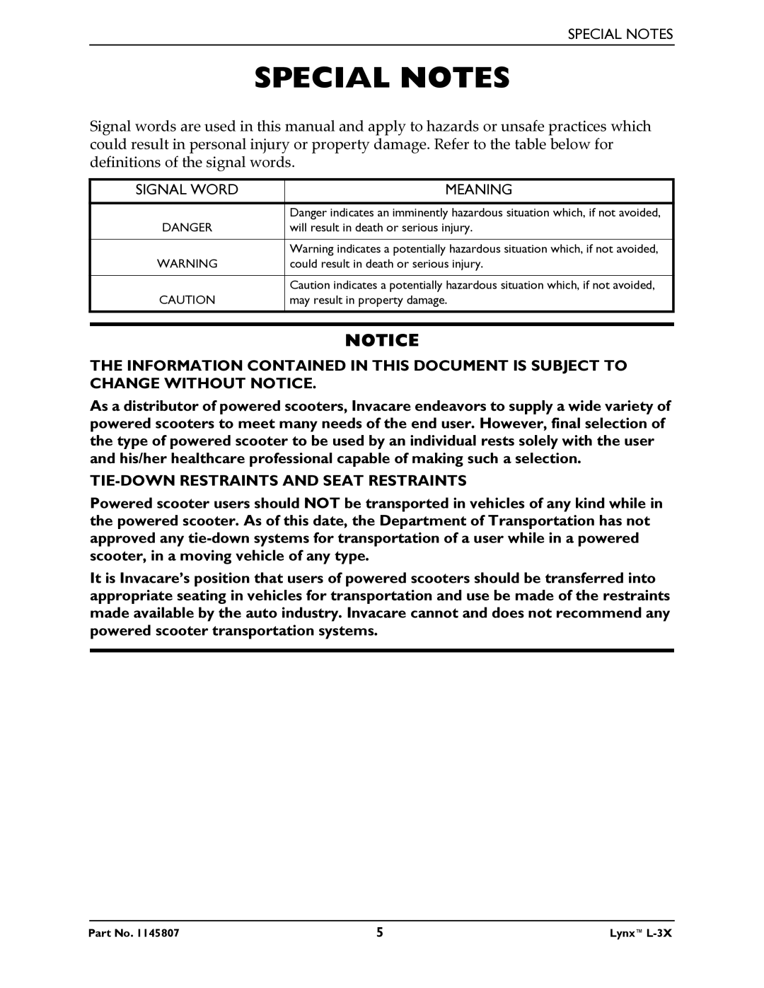 Invacare L-3X manual Special Notes, Meaning 