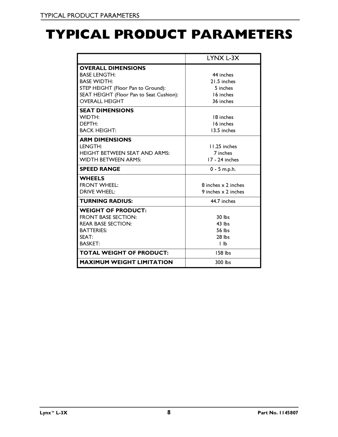 Invacare manual Typical Product Parameters, Lynx L-3X 