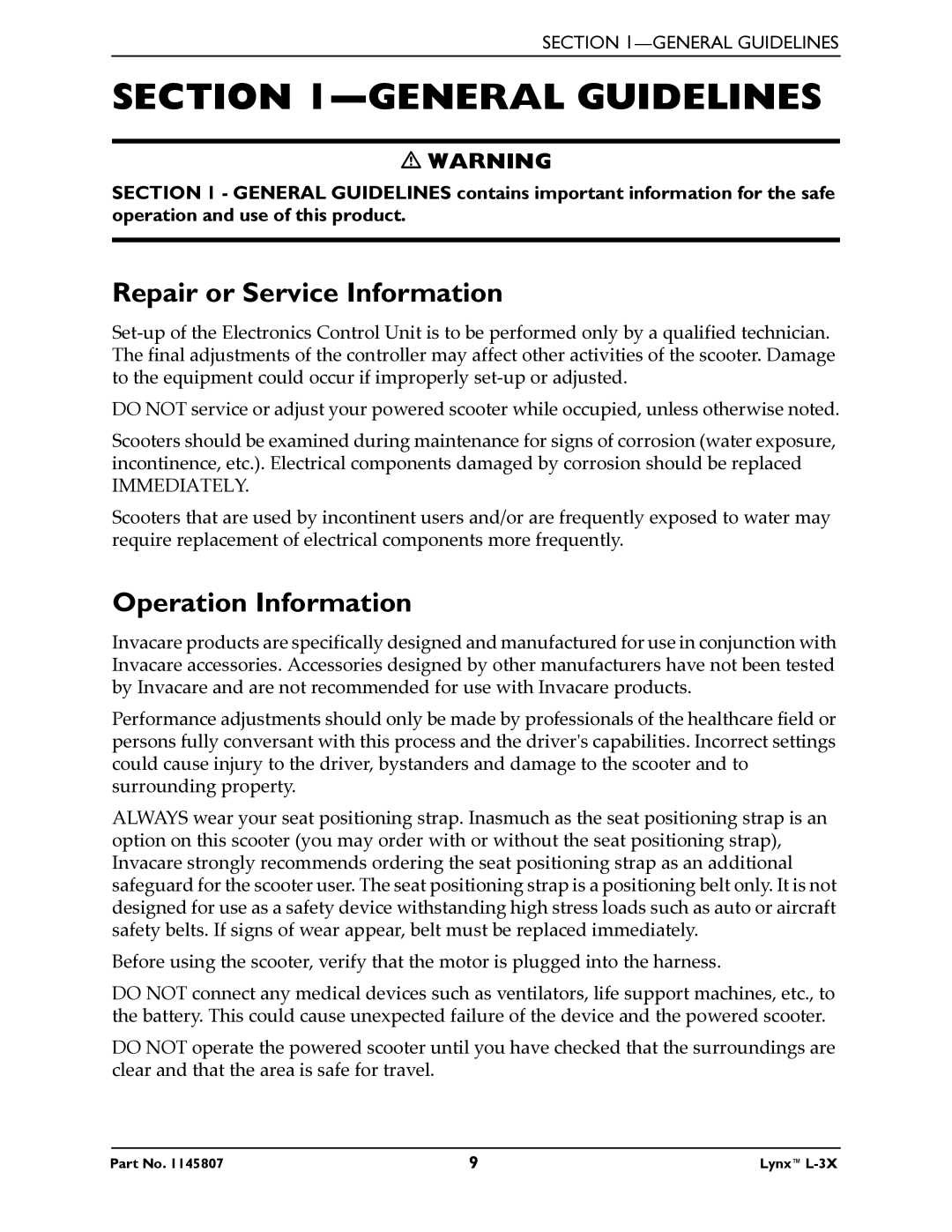 Invacare L-3X manual General Guidelines, Repair or Service Information, Operation Information 