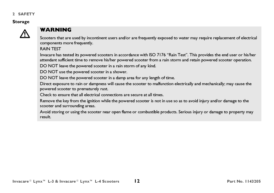 Invacare L-4, L-3 user manual Storage, Rain Test 