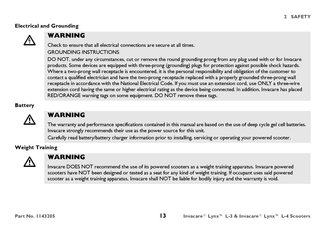 Invacare L-3, L-4 user manual Electrical and Grounding, Battery, Weight Training 