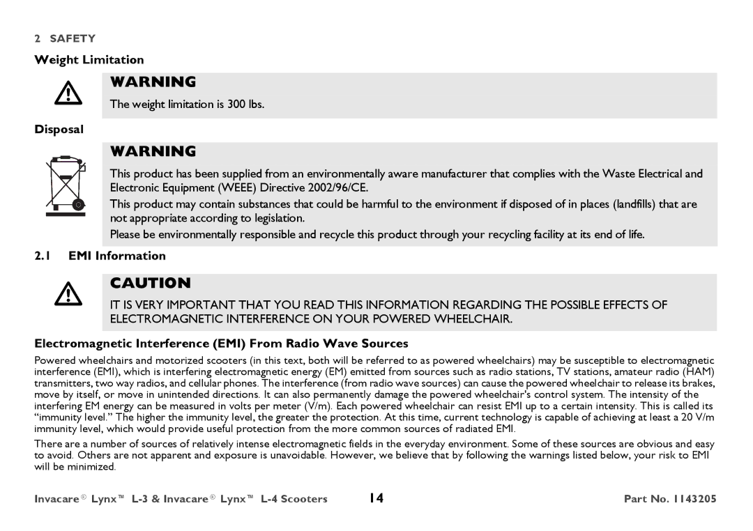 Invacare L-4, L-3 user manual Weight Limitation, Weight limitation is 300 lbs, Disposal, EMI Information 