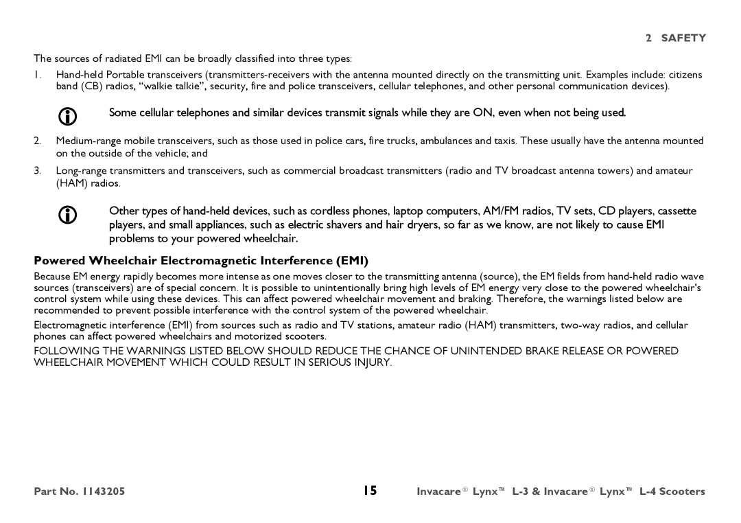 Invacare L-3, L-4 user manual Powered Wheelchair Electromagnetic Interference EMI 
