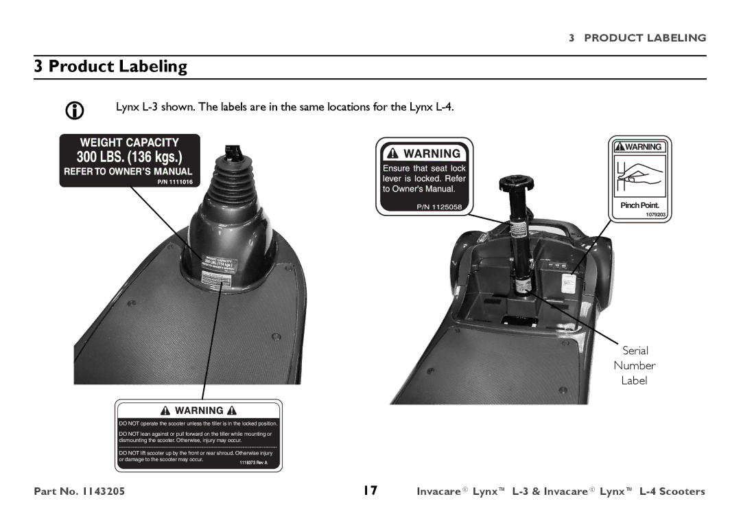 Invacare L-3, L-4 user manual Product Labeling, Serial Number Label 