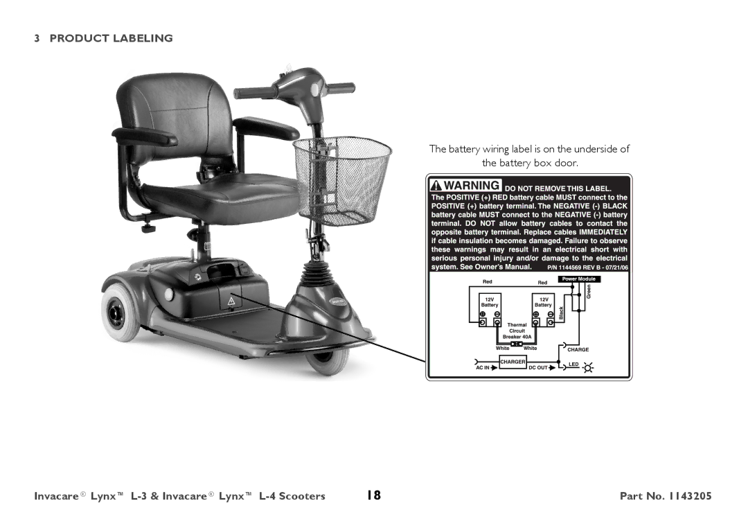 Invacare L-4, L-3 user manual Battery wiring label is on the underside Battery box door 