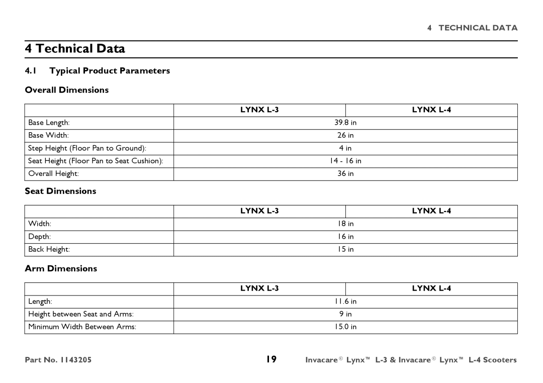 Invacare L-3, L-4 user manual Technical Data, Typical Product Parameters Overall Dimensions, Seat Dimensions, Arm Dimensions 