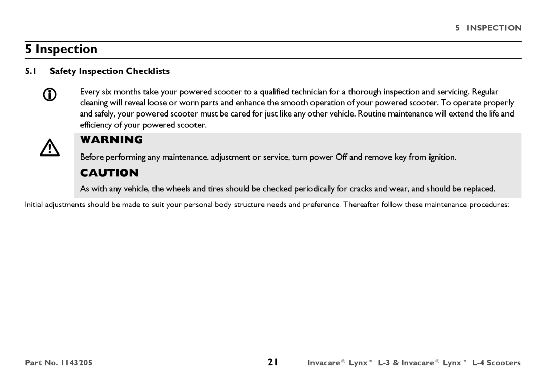 Invacare L-3, L-4 user manual Safety Inspection Checklists 