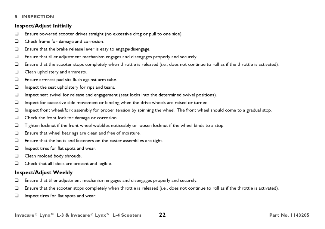 Invacare L-4, L-3 user manual Inspect/Adjust Initially, Inspect/Adjust Weekly 