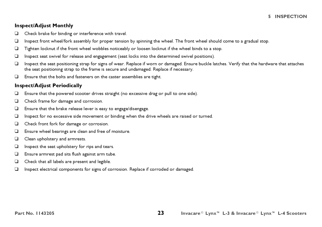 Invacare L-3, L-4 user manual Inspect/Adjust Monthly, Inspect/Adjust Periodically 