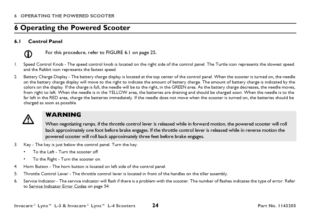 Invacare L-4, L-3 user manual Operating the Powered Scooter, Control Panel,  For this procedure, refer to .1 on 