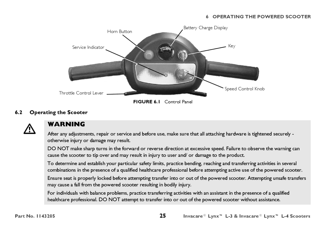 Invacare L-3, L-4 user manual Operating the Scooter, Control Panel 